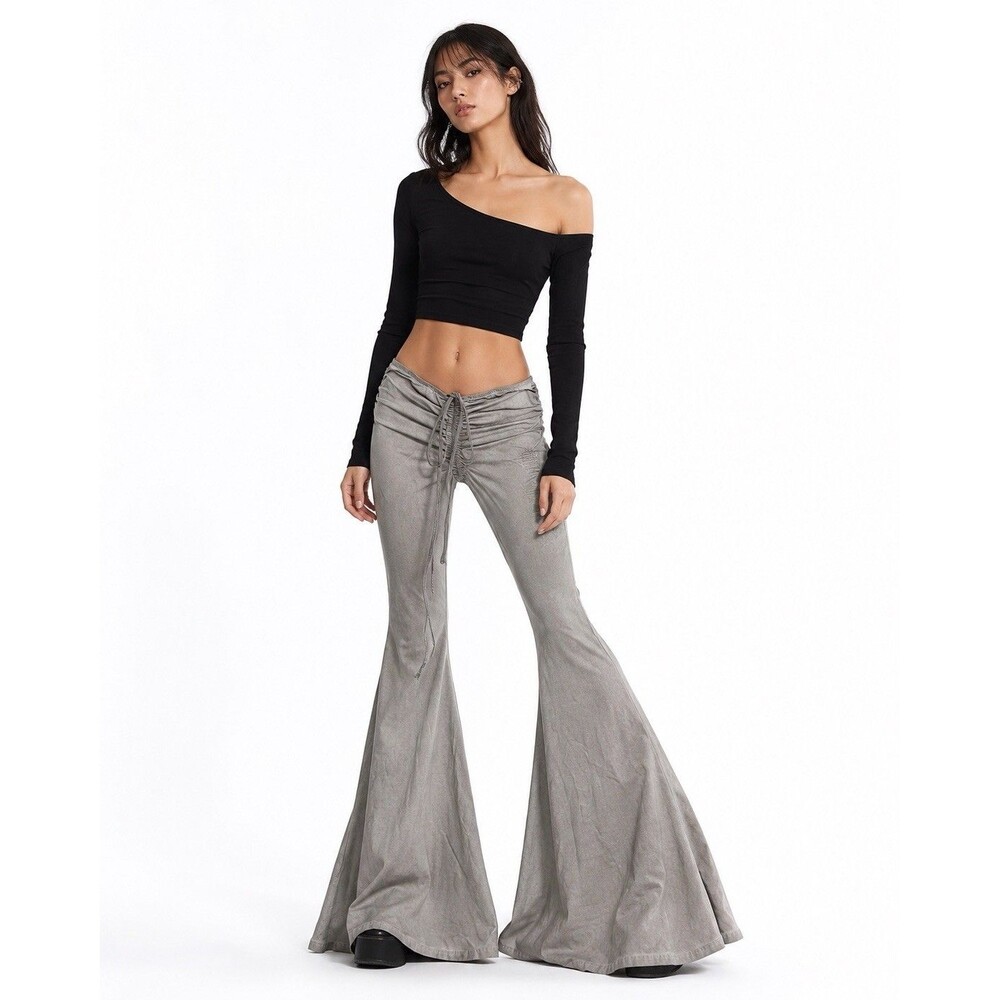 Darker Wavs XS Gray Mineral Wash Ruched Lace-Up Extreme Flare Pants Goth